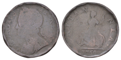 Великобритания 1 фартинг 1754 Георг II (1727-1760) KM 581.2, Spink 3722 медь 4708-617