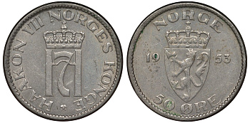 Норвегия 50 эре 1953 Хокон VII (1905-1957) KM 402 медно-никель 4128-1117