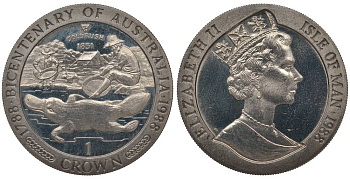 ОСТРОВ МЭН 1 КРОНА 1988 200 ЛЕТ АВСТРАЛИИ, УТКОНОС, ЗОЛОТАЯ ЛИХОРАДКА 1851 KM 224 медно-никель UNC 1078-2-33