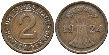 ГЕРМАНИЯ 2 РЕНТЕНПФЕННИГА 1924 A KM 31, J. 307 бронза 24-655