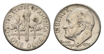 США 10 центов (дайм) 1974 Рузвельт KM 195a медь плакированная медно-никелем 4674-543