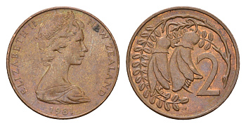 Новая Зеландия 2 цента 1981 Елизавета II (1952-2022), два цветка кохаи KM 32 бронза 4657-625