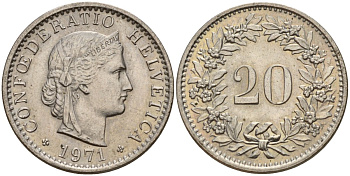 Швейцария 20 раппенов 1971 KM 29a медно-никель 4187-612