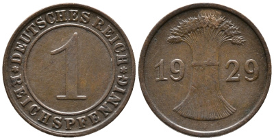 ГЕРМАНИЯ 1 РЕЙХСПФЕННИГ 1929 F KM 37, J. 313 бронза 39-1014