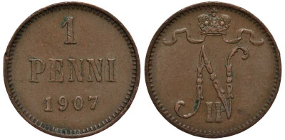 РОССИЯ ДЛЯ ФИНЛЯНДИИ 1 ПЕННИ 1907 НИКОЛАЙ II Биткин 468 медь 3309-828