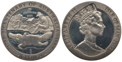 ОСТРОВ МЭН 1 КРОНА 1988 200 ЛЕТ АВСТРАЛИИ, УТКОНОС, ЗОЛОТАЯ ЛИХОРАДКА 1851 KM 224 медно-никель UNC 00-00