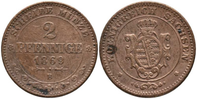 Саксония 2 пфеннига 1869 В, Иоганн (1854-1873) KM 1217, Jaeger 121, AKS 155 медь 116-653