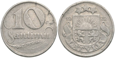 Латвия 10 сантимов 1922 первая Республика (1918-1939) KM 4 никель 4549-1231