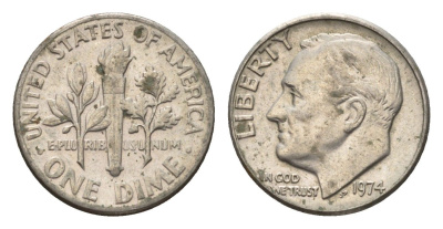 США 10 центов (дайм) 1974 Рузвельт KM 195a медь плакированная медно-никелем 4674-543