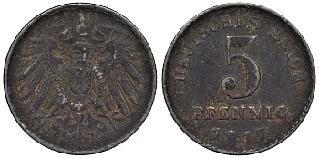 Германия 5 пфеннигов 1917 D KM 19, J. 297, Weege 5 железо 4118-1131