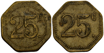 Франция 25 сантимов XIX-XX век ресторанный жетон латунь 4166-445