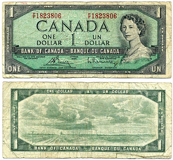 Канада 1 доллар 1954 подписи Bouey & Rasminsky, BABNC, серия P/F Pick 75c бумага 6285-1-2-1