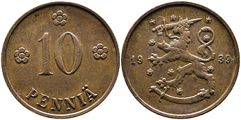 Финляндия 10 пенни 1939 KM 24 медь 4388-847