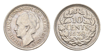 Нидерланды 10 центов 1938 Вильгельмина (1890-1948) KM 163 серебро UNC 44-1139