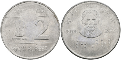 Индия 2 рупии 2009 200 лет Луи Брайлю KM NEW медно-никель UNC 95-213