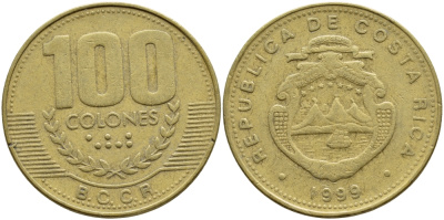 КОСТА-РИКА 100 КОЛОН 1999 B.C.C.R., ГОД ТИП KM 230а.1 латунь 59-214