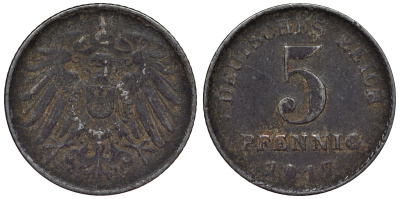 Германия 5 пфеннигов 1917 D KM 19, J. 297, Weege 5 железо 4118-1131