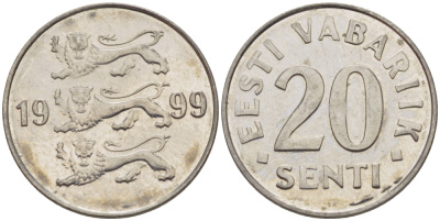 ЭСТОНИЯ 20 ЦЕНТОВ 1999 KM 23a сталь плакированная никелем 66-731