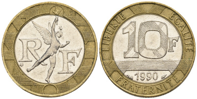 Франция 10 франков 1990 тип Гений Бастилии KM 964.1, Le Frank 375.5 биметалл 85-127