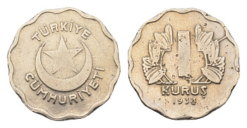 Турция 1 куруш 1938 KM 867 медно-никель 45-449