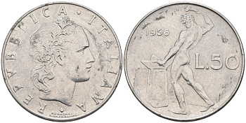 Италия 50 лир 1956 R, бог огня Вулкан у наковальни KM 95.1 нержавеющая сталь 4573-221