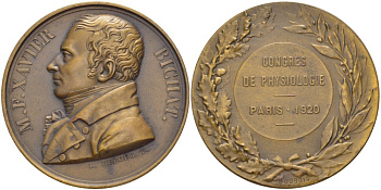 ФРАНЦИЯ МЕДАЛЬ 1920 МЕДИЦИНСКИЙ КОНГРЕСС В ПАРИЖЕ 1920 ГОДА, МАРИ ФРАНСУА КСАВЬЕ БИША (17710-1802) ФРАНЦУЗСКИЙ ВРАЧ И ФИЗОЛОГ, МЕДАЛЬЕР L. DUBOUR, ДИАМЕТР 41 ММ. бронза 1088-2-12
