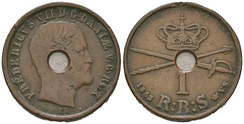 Дания 1 ригсбанкскиллинг 1853 Фредерик VII (1848-1863) KM 756 медь 4171-833