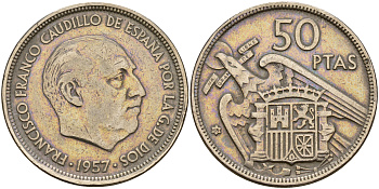 Испания 50 песет 1957 (58) Франсиско Франко (1939-1975) KM 788 медно-никель    180-232