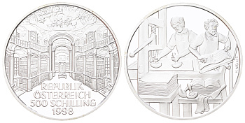 Австрия 500 шиллингов 1998 Книгопечатание, Библиотека аббатства Адмонт, печатники, в оригинальной упаковке, с сертификатом KM 3049 серебро PROOF 8-2-05-25