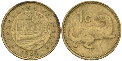 Мальта 1 цент 1986 ласка, горностай KM 78 никель латунь 4585-1135