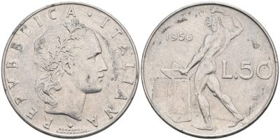 Италия 50 лир 1956 R, бог огня Вулкан у наковальни KM 95.1 нержавеющая сталь 4573-221