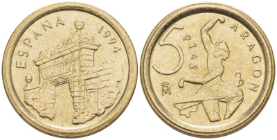ИСПАНИЯ 5 ПЕСЕТ 1994 АРАГОН (ARAGON) , БАЛЕРИНА, ХУАН КАРЛОС I ( 1975-) KM 931 никель латунь 4181-1118