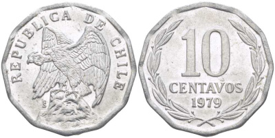 Чили 10 сентаво 1979 KM 205a алюминий 4402-422