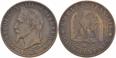 ФРАНЦИЯ 5 САНТИМОВ 1864 BB, НАПОЛЕОН III (1852-1870) KM 797.2, LE FRANC 117.12 бронза 108-557