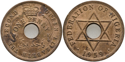 Нигерия 1 пенни 1959 Елизавета II (1952-), Британский протекторат KM 2 бронза 51-1721