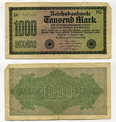 Германия 1000 марок 1922 15 СЕНТЯБРЯ 1922, ВОДЯНОЙ ЗНАК G, БЕЛАЯ БУМАГА Pick 76е бумага 8619-40-1-2