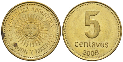 Аргентина 5 сентаво 2008 майское солнце KM 109b, CJ 2, Schon 109b сталь плакированная латунью 4609-1245