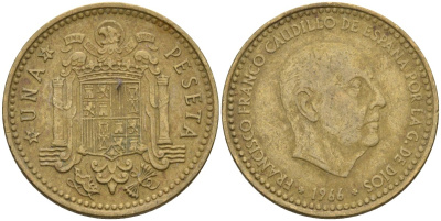 Испания 1 песета 1966 (71) Франсиско Франко (1939-1975) KM 796 алюминиевая бронза 4604-121