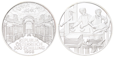 Австрия 500 шиллингов 1998 Книгопечатание, Библиотека аббатства Адмонт, печатники, в оригинальной упаковке, с сертификатом KM 3049 серебро PROOF 8-2-05-25