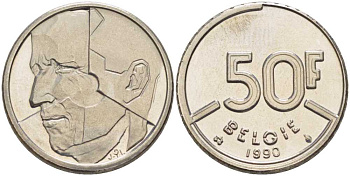 БЕЛЬГИЯ 50 ФРАНКОВ 1990 BELGIE, БОДУЭН I (1951-1993) KM 169 никель 4384-146