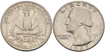 США 25 центов = квотер 1982 P, Вашингтон KM А164а медь плакированная медно-никелем 4114-826