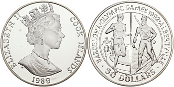 Острова Кука 50 долларов 1989 XXV летние Олимпийские игры 1992 года в Барселоне и XVI Зимние Олимпийские игры 1992 в Альбервиле KM 60 серебро PROOF 1091-9-33