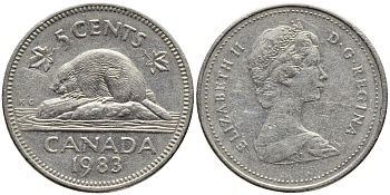 Канада 5 центов 1983 Елизавета II (1952-2022), бобер KM 60.2а медно-никель 4397-116