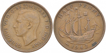 Великобритания 1/2 пенни 1942 Георг VI (1936-1952) KM 844, Spink 4115 бронза 212-1216