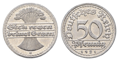 Германия 50 пфеннигов 1921 G KM 27, J. 301 алюминий UNC 3856-1123