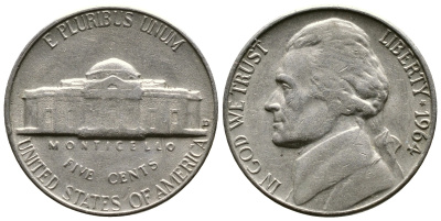 США 5 центов 1964 D, Джефферсон KM А192 медно-никель 08-937