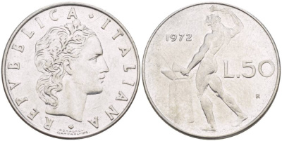 ИТАЛИЯ 50 ЛИР 1972 R, БОГ ОГНЯ ВУЛКАН У НАКОВАЛЬНИ KM 95.1 нержавеющая сталь 4551-355