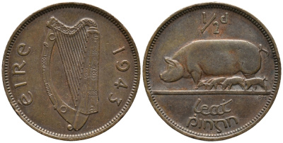 ИРЛАНДИЯ 1/2 ПЕННИ 1943 СВИНЬЯ С ПОРОСЯТАМИ KM 10 бронза 34-921