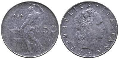 ИТАЛИЯ 50 ЛИР 1969 R, КУЗНЕЦ KM 95.1 сталь 3333-345
