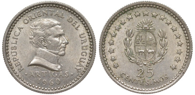 Уругвай 25 сентесимо 1960 KM 40 медно-никель 4532-246